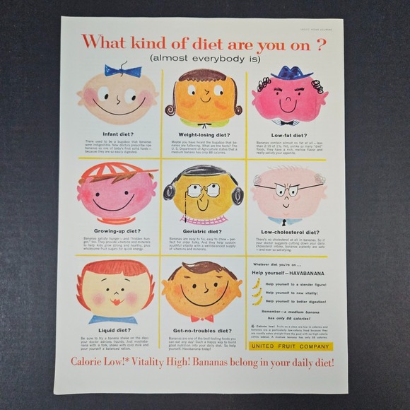 1958 United Fruit Company‎ Bananas Havabanana Vintage Print Ad 88 Calories Diet